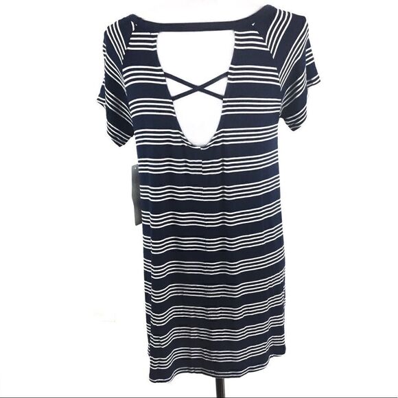 French Laundry Top Blue White Stripe Keyhole Back Short Sleeve Small - Picture 5 of 8